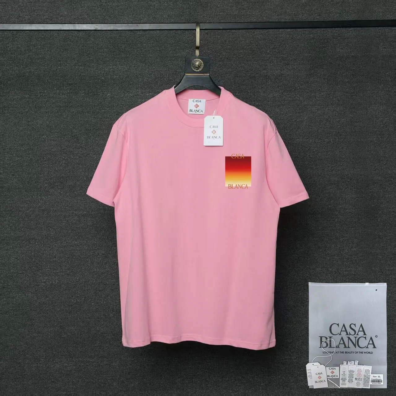 26ss CASABLANCA original printing process short-sleeved T-shirt original development using high-density double yarn pure cotton fabric upper body soft and comfortable color Black White Dark Green color Orange Pink Blue Royal Blue color cigarette powder 8 colors Sizes S M L XL